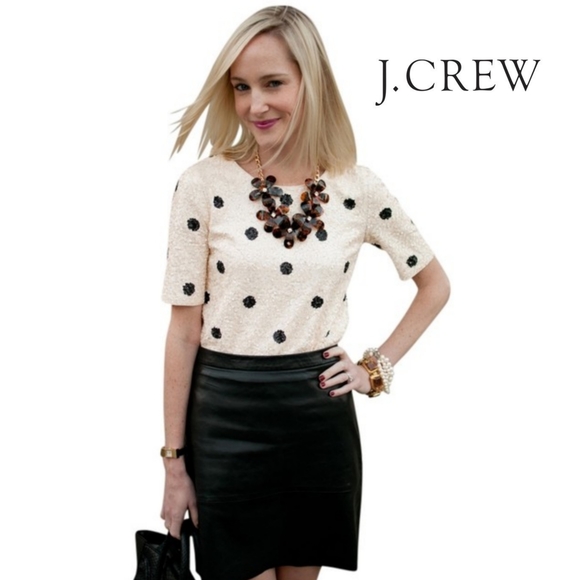 J. CREW all over sequined black and off white polka dot shirt size XS.